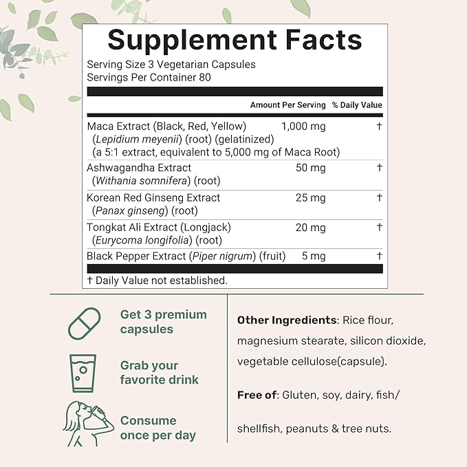 Maca Root 5,000mg Equivalent | 240 Veggie Capsules with Ashwagandha, Panax Ginseng, Tongkat Ali, & Black Pepper Extract for Better Absorption | Red, Yellow, & Black Maca | Non-GMO, Vegan