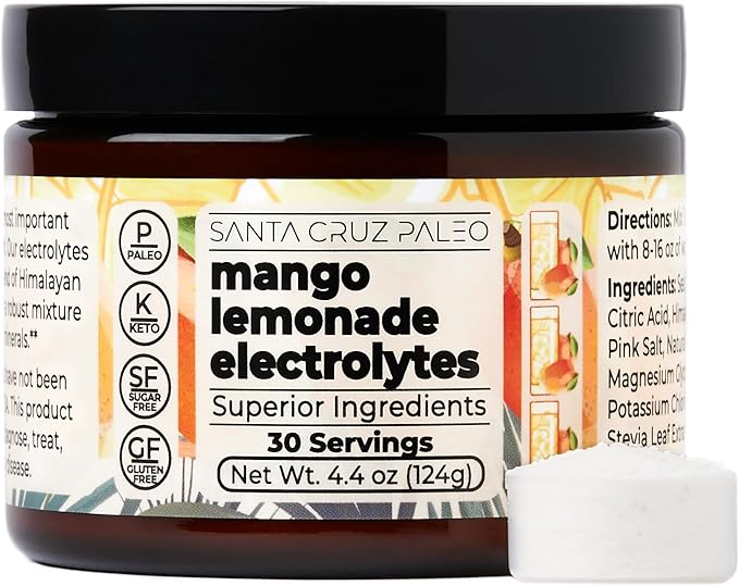 Santa Cruz Paleo Electrolyte Powder Mango Lemonade with Himalayan & Sea Salt, Magnesium, Potassium, Sugar-Free, 30 Servings