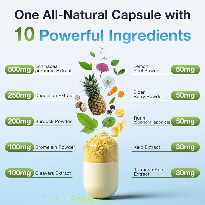 Lymphatic Support Supplement, Lymphatic Drainage Supplements with with Dandelion, Burdock, Echinacea, Lemon & More, Lymph System Support for Men and Women – 60 Capsules
