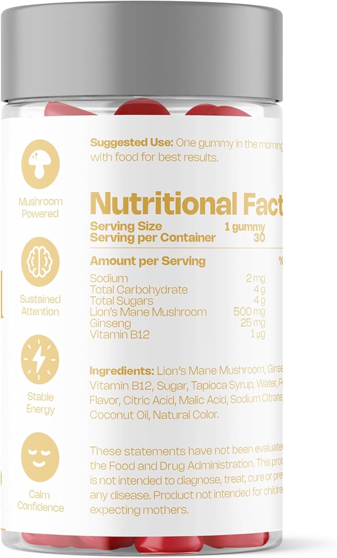 Lion Mane Mushroom Gummies for Focus and Energy - Focus Gummies for Adults with American Ginseng & B12 for Clarity & Natural Energy, Vegan, Non-GMO, Gluten Free, Fruit Punch Flavor, 30 Count