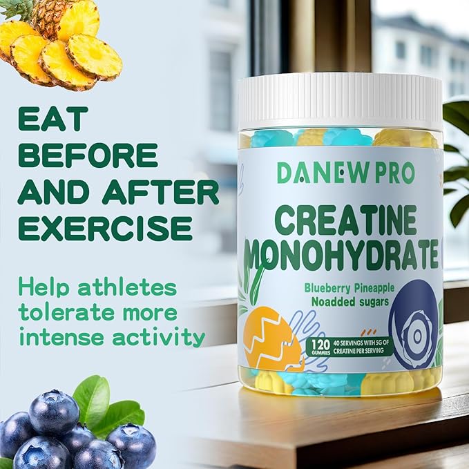 Creatine Monohydrate Gummies or Men & Women, Creatine Monohydrate for Muscle Strength, Muscle Builder, Energy Boost, Pre-Workout Supplement(120 Count)-Blueberry Pineapple Flavor.