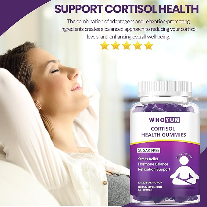 Cortisol Supplement Gummies for Women, Lower Cortisol with Phosphatidylserine Ashwagandha Magnesium, Stress Relief, Vegan Sugar Free, 60 Count