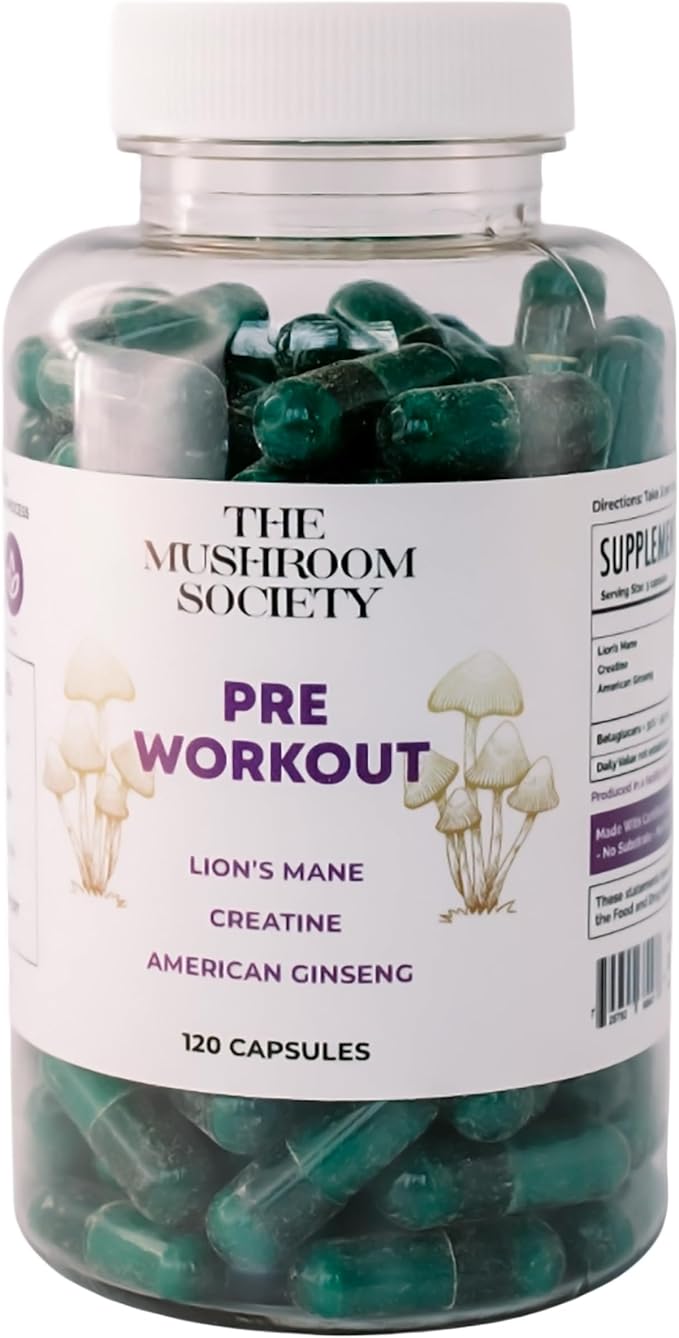 Pre-Workout Supplement - Lion’s Mane, Creatine, & American Ginseng Extract Blend - Energy, Focus & Performance Support - Natural Workout Support - 120 Capsules