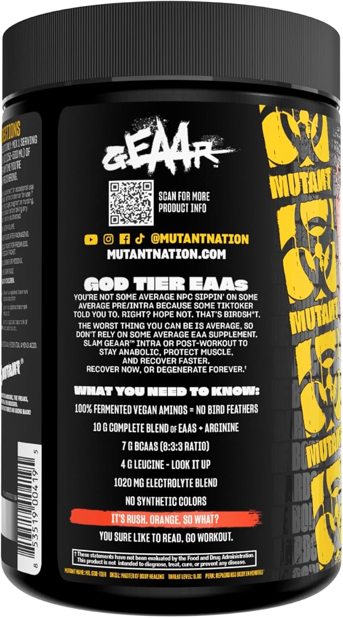 Mutant GEAAR - 9.4g of EAA Powder + Arginine, 7g BCAAs, 4g Leucine, Electrolytes, Coconut Water, 30 Servings (Orange Rush)
