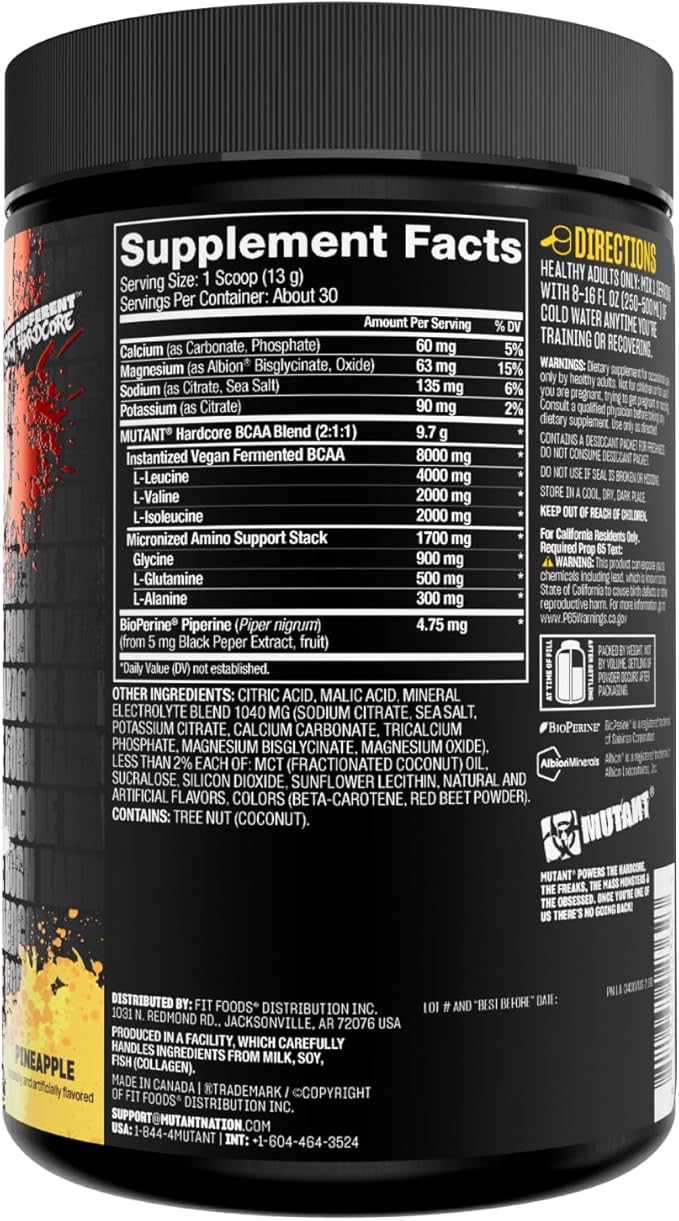 Mutant Hardcore BCAA - Pre, Intra or Post Workout – BCAA Next Level branched-Chain Amino Acids Supplement – Hydration + Recovery - 30 Serving - Pineapple