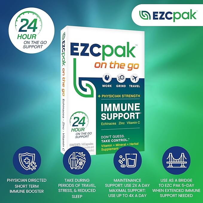 EZC Pak On The Go Immune System Booster with Echinacea, Vitamin C, Zinc, Immune Support Supplement, Immunity Vitamins for Adults, Travel-Friendly Packaging, Vegetarian, Gluten-Free