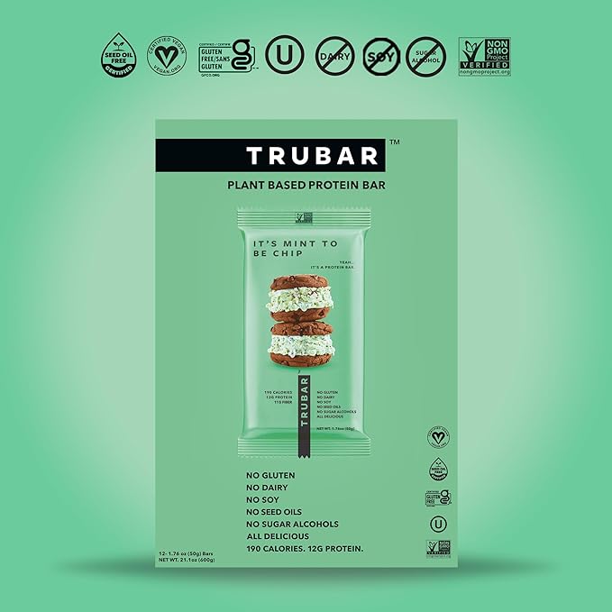 TRUBAR Vegan Protein Bar, It’s Mint to Be Chip, Gluten Free, Plant Based High Fiber, Dairy Free, Low Fat, Non GMO, No Sugar Alcohols, 12G Lean Protein, 13G Fiber, Healthy Snack Bars, 12 CT