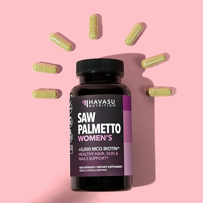 Saw Palmetto for Women with Biotin 5000mcg - Powerful DHT Blocker to Support Hair, Skin, and Nail Health - 120 Count - Vegan, Non-GMO Vitamin for Stronger, Fuller Looking Locks - 2 Month Supply
