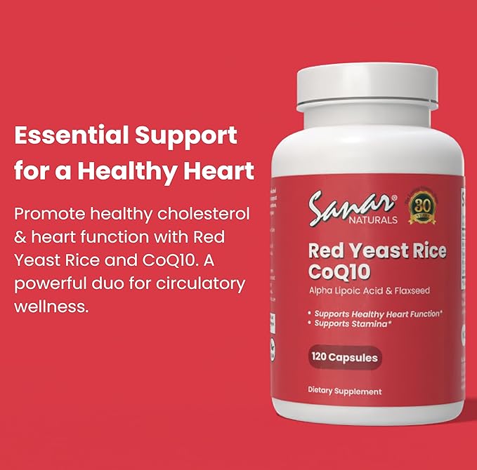 Sanar Naturals Red Yeast Rice, CoQ10 Supplement - Supports Healthy Heart Function, Energy, and Stamina - Non-GMO, Gluten Free, Vegan, 120 Capsules