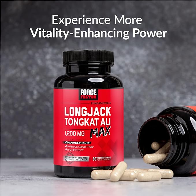 Force Factor Longjack Tongkat Ali Max, Tongkat Ali for Men, Male Stamina and Vitality Supplement Made with Key Natural Ingredients for Superior Absorption, 1200mg, 120 Capsules, 2-Pack
