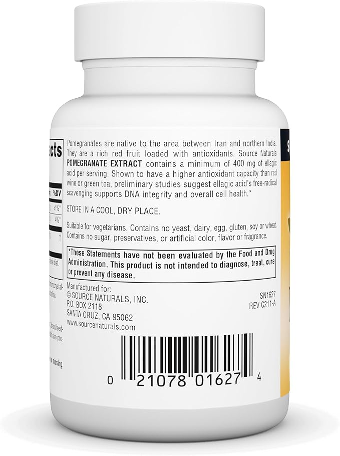 Source Naturals Pomegranate Extract 500mg Complete Whole Fruit Ellagic Acid Antioxidant & Added Fiber - 60 Tablets