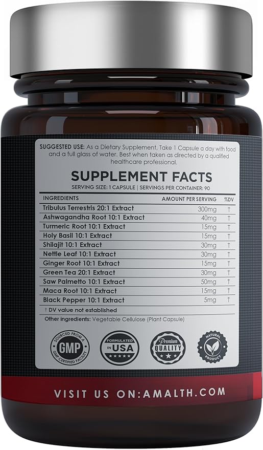 Amalth Tribulus Terrsestris, Per Serving, Highest Potency with Ashwagandha, Saw Palmetto, Panax Ginseng Shilajit Maca 90 Capsules