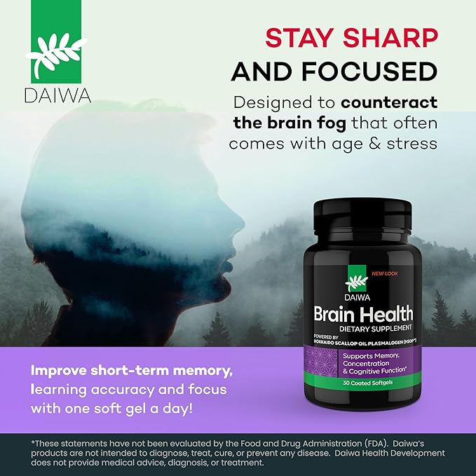 Daiwa Brain Health Supplement for Adults - Plasmalogen Focus Supplement for Memory and Concentration - Cognitive Brain Booster with 50mg of Hokkaido Scallop Oil Plasmalogen (HSOP) - 30/ct