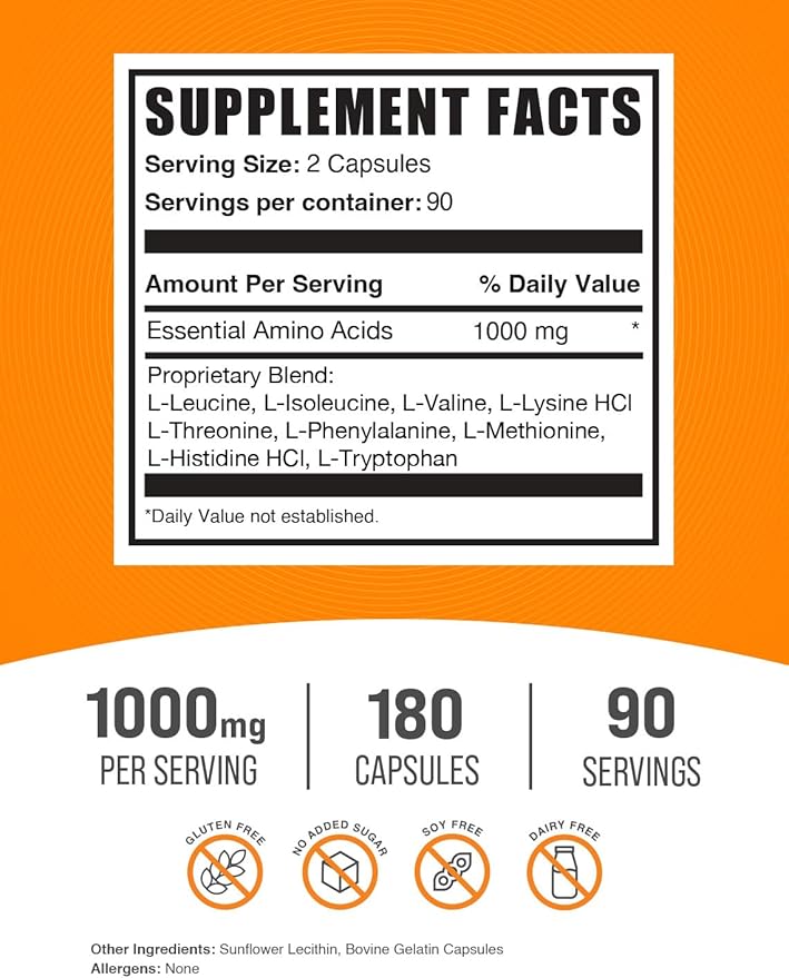 BulkSupplements.com Essential Amino Acids Capsules - EAAs Amino Acids Supplements - Gluten Free, 2 Capsules per Servings (1000mg), 180 Count (Pack of 1)