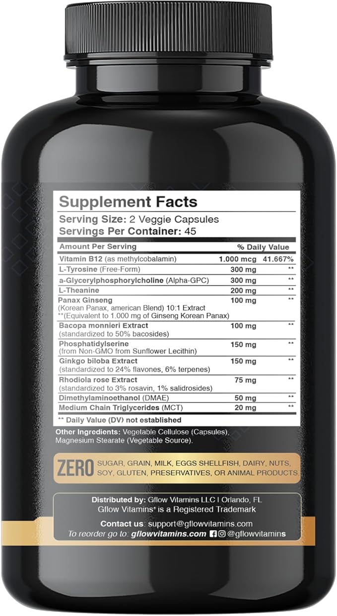 Ginkgo Biloba & Panax Ginseng 1446 mg, Alpha Gpc, L Tyrosine, L Theanine, Bacopa monnieri, Rhodiola Rosea, Phosphatidylserine, B12, MCT, DMAE - Complex with 11-1 Vitamins