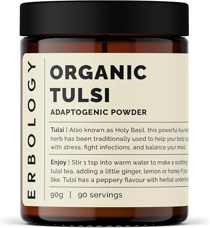 Erbology 100% Organic Tulsi Powder 6.4 oz - Holy Basil - Calm and Mood - Straight from Farm - Raw, Vegan and Gluten-Free - Non-GMO - No Additives or Preservatives - Recyclable Glass Jar