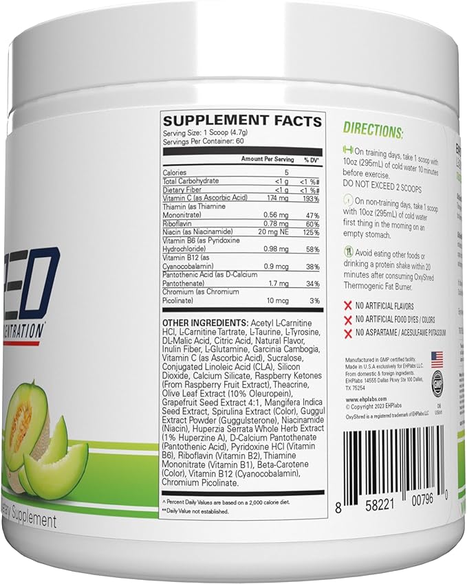 EHP Labs OxyShred Non Stimulant Pre Workout Powder - Stim Free Pre Workout, Caffeine Free Preworkout for Men & Women with L Glutamine & Acetyl L Carnitine - Honeydew Melon, 60 Servings