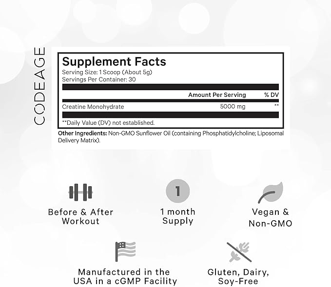 Codeage Liposomal Creatine Powder Supplement, Pure Creatine Monohydrate 5000mg, Pre Workout & Post Workouts - Unflavored Creatine, Micronized Creatine Powder - Creatinine for Sports - 30 Servings
