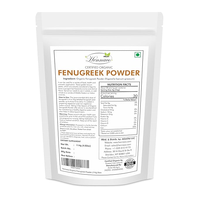 hennaco Organic Fenugreek Powder Powder | USDA Organic | GMP Certified | Pure & Natural Fenugreek Powder for Culinary, Skin and Hair | No Preservatives| Chemical Free | 114 Grams (4 OZ)