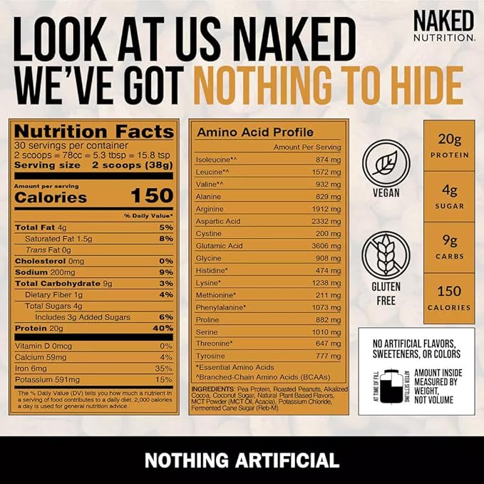 NAKED Shake - Chocolate Peanut Butter Protein Powder - Vegan Protein Powder from US & Canadian Farms with MCT Oil, Gluten-Free, Soy-Free, No GMOs or Artificial Sweeteners - 30 Servings