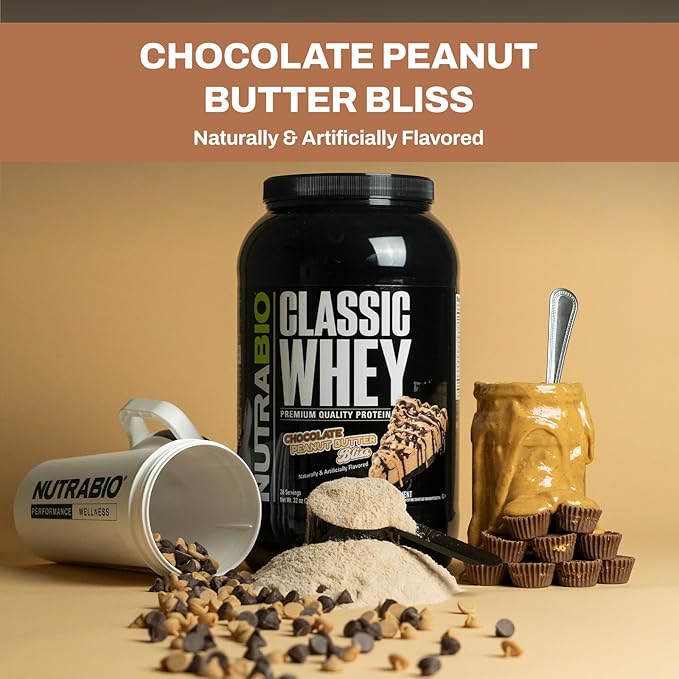 NutraBio Classic Whey Protein Powder- 25G Protein Per Scoop -No Fillers, Artificial Colors, Preservatives - Low Glycemic Index - (Chocolate Peanut Butter, 5 Pounds)