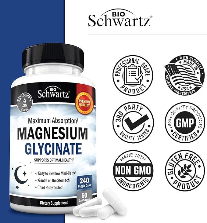 Magnesium Glycinate 500mg Capsules (240 Mini Caps) Maximum Absorption Magnesium Supplement for Nerves Muscles Heart Mood and Sleep Support (Vegan Safe with No Gluten, Soy or GMOs) by BioSchwartz