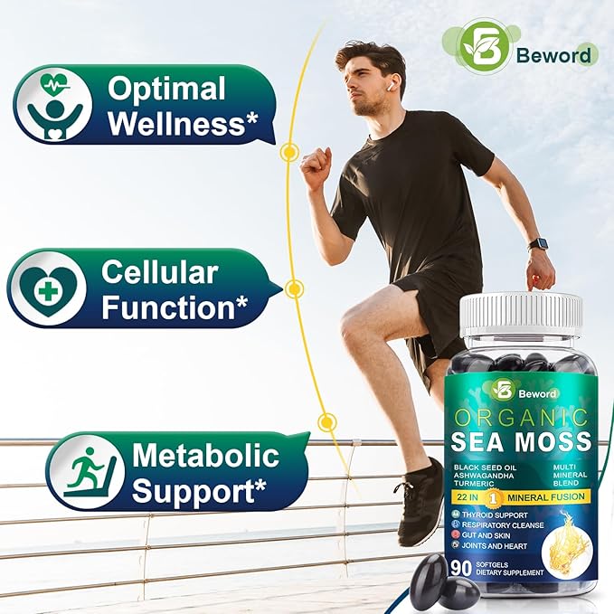 Organic Sea Moss Softgels, 90 Capsules - with Irish Sea Moss, Vitamin C, D3, Black Seed Oil, Ashwagandha, Turmeric, Bladderwrack, Burdock, Rhodiola Rosea - Immune, Skin & Energy Support, 1 Pack