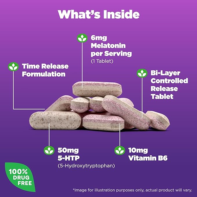 Natrol Melatonin + 5-HTP Advanced Time Release Sleep Aid, Triple Action Formula, Calm the Mind, Fall Asleep Faster and Stay Asleep Longer, 60 Bi-Layer Tablets, Up to a 60 Day Supply