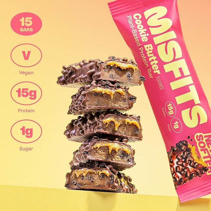 Misfits Vegan Protein Bars, Cookie Butter - Updated Recipe | Plant Based, Low Sugar & Carb, High Fiber Snacks | Pack of 15