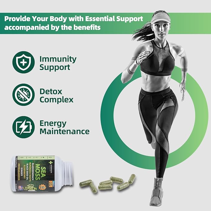 Sea Moss Capsules โ 16-in-1 Sea Moss Supplement with Bladderwrack, Burdock Root, Black Seed Oil, Ashwagandha โ Immune Support & Energy Booster โ 60 Vegan Capsules (19445mg)