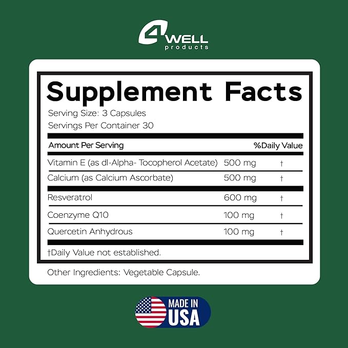 Resveratrol Supplement 1800mg Complex - COQ10, Quercetin, Vitamin E, Vitamin C - Powerful Antioxidant Formula for Enhanced Energy, Heart Health & Healthy-Aging Support Trans Resveratrol 90 Capsules