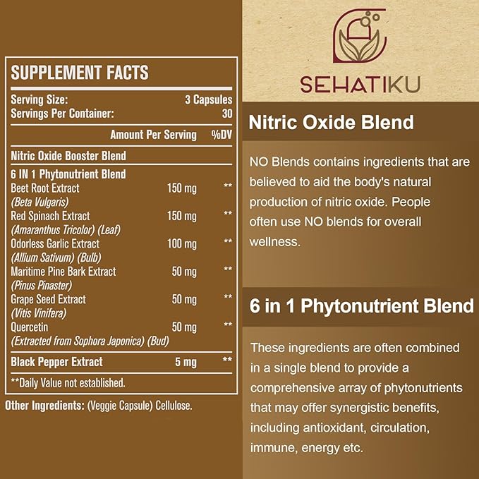 Nitric Oxide Supplement, Nitric Oxide Booster & 6-in-1 Phytonutrient Blend for Heart, Circulation, Immune - 90 Capsules (1 Bottle)