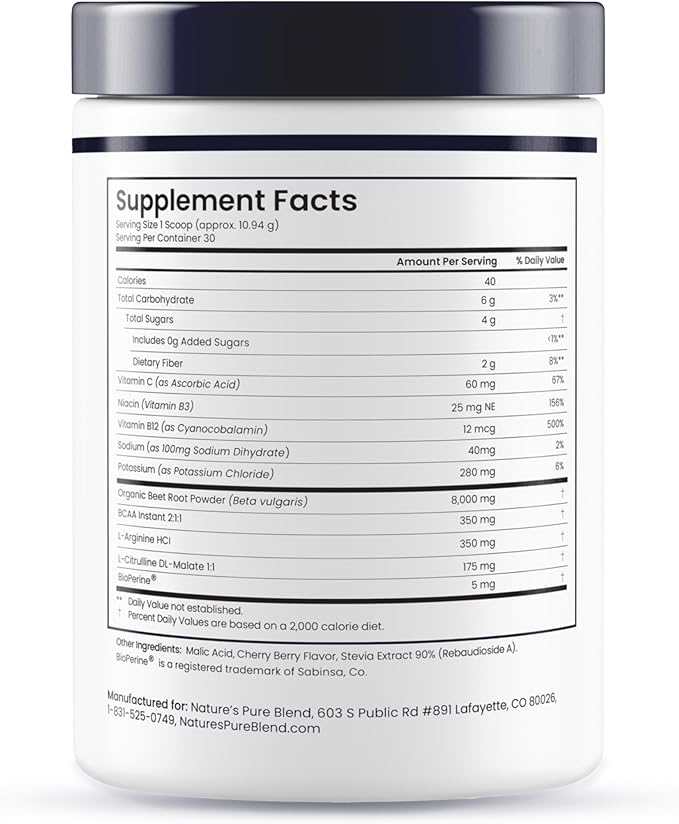 Nature's Pure Blend Organic Beet Root Powder – Nitric Oxide Booster L-Arginine – Liquid Beets for Blood Flow Circulation & Energy – Pre-Workout Endurance Support – 8,000 MG