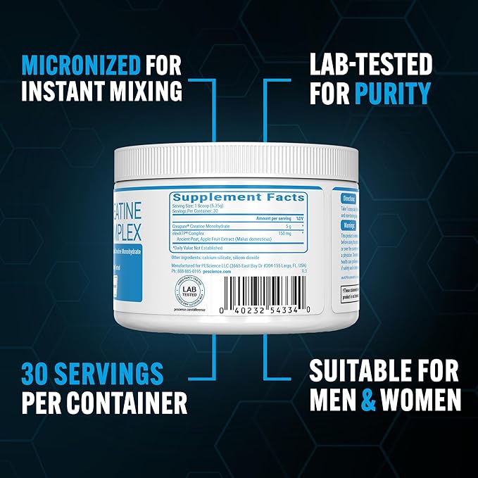 PEScience TruCreatine+ Creapure Creatine Monohydrate Powder, Micronized Creatine with ElevATP, 5g Per Serving, for Men & Women, Supports Muscle Growth, Strength & Recovery, 30 Servings