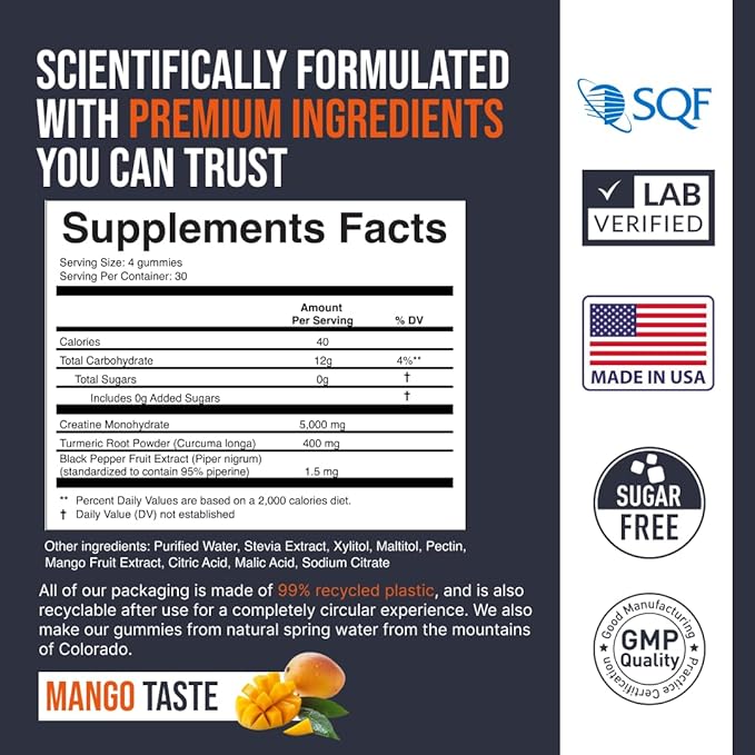Creatine Monohydrate Gummies 5000 mg, Mango Flavor, 120 Sugar-Free Vegan Chews, Creatine Supplement for Daily Routine, Pack of 2