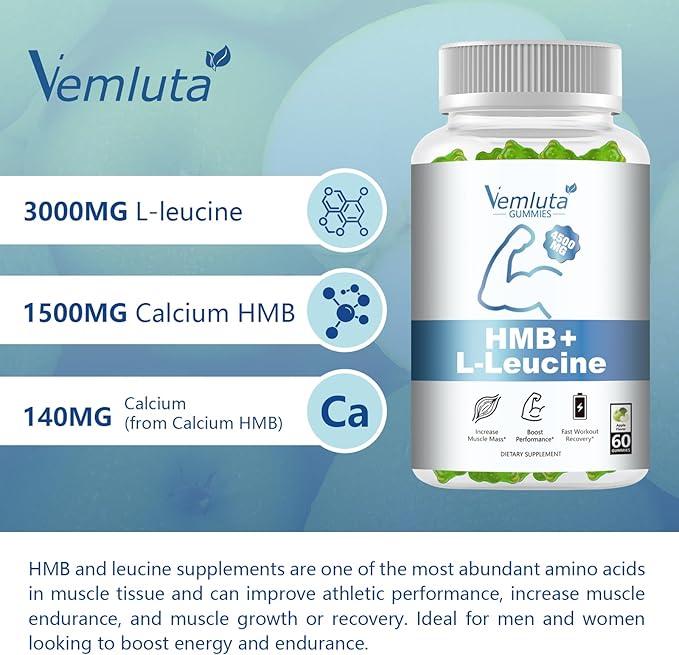 2 Packs HMB and Leucine Supplements Gummies for Men, Women - 4500MG, HMB & Leucine for Muscle Recovery & Growth Support, Non-GMO, Gluten-Free, Vegan, Adults & Elder, Apple Flavor, 120 Counts