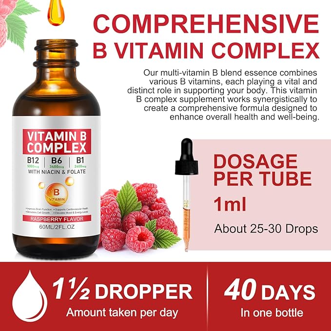 Vitamin B Complex Liquid, Vegan Vitamin B12 Liquid Drops | B12 Methylcobalamin | B1 Thiamine | B6 Pyridoxine | Folic | Niacin - B Complex Liquid Drops, Support Energy, Brain & Heart, 40 Servings