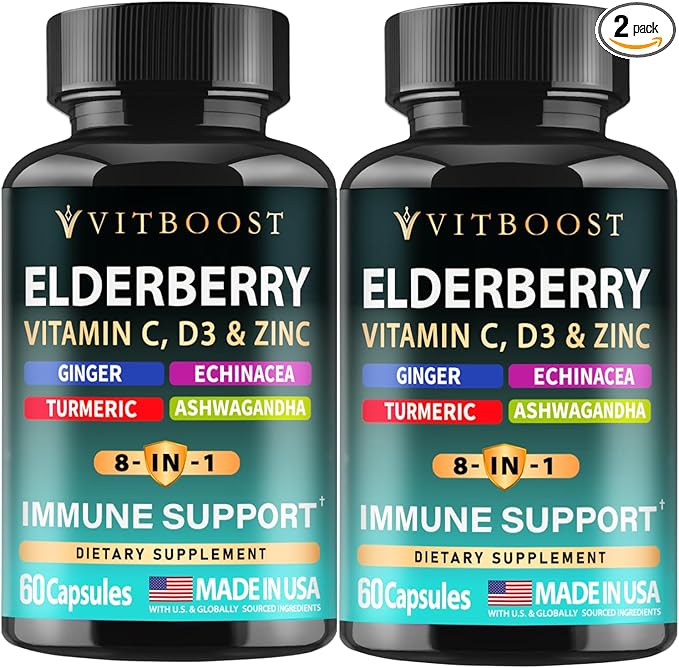Elderberry Immune Support Supplement 8-in-1 Formula with Echinacea, Vitamin C & Zinc, Vitamin D 5000 IU, Turmeric, Ginger, Ashwagandha – Pack of 2