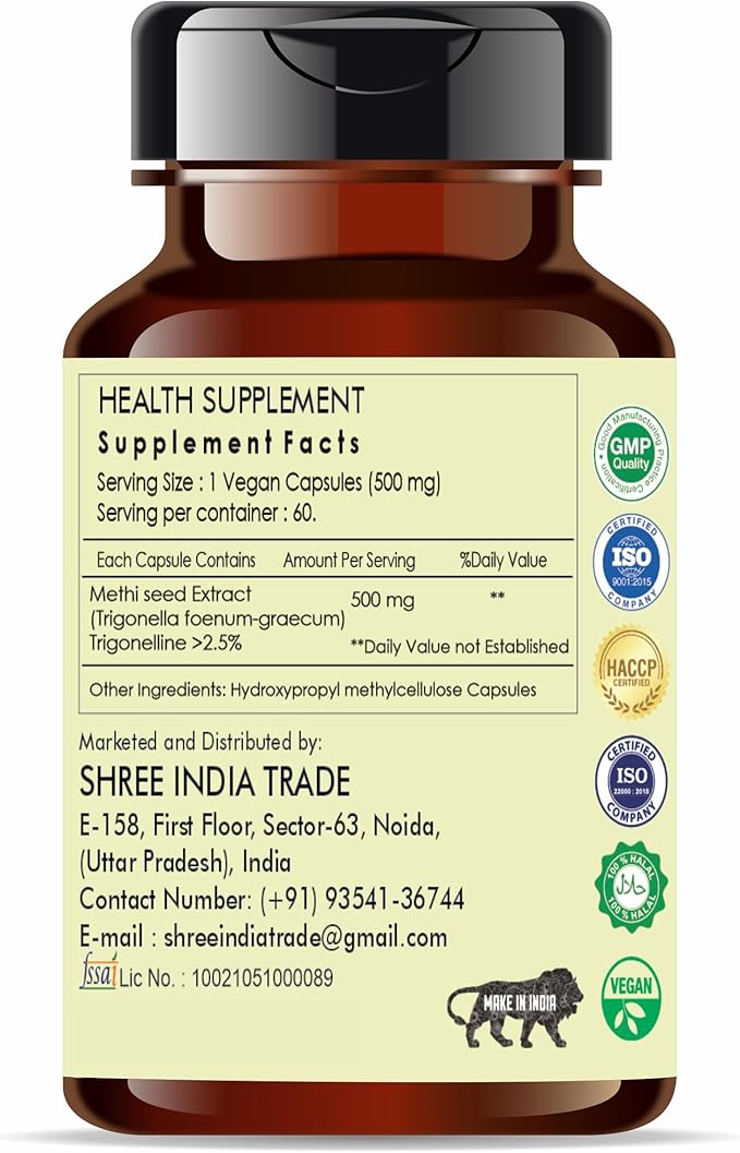 Fenugreek Seed Extract 500mg - 60 Vegetarian Capsules|Methi Seed Extract | Trigonella Foenum| All Natural | 100% Vegan | Gluten-Free | GMP Certified