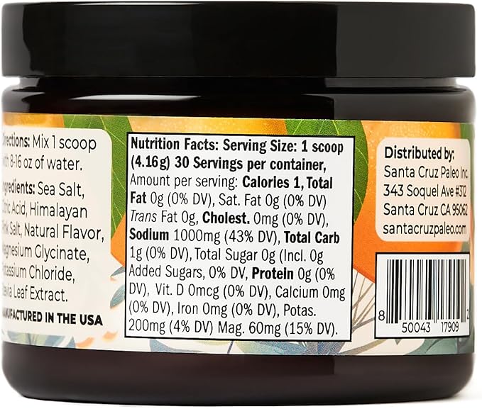 Santa Cruz Paleo Electrolyte Powder Orange with Himalayan & Sea Salt, Magnesium, Potassium, Sugar-Free, 30 Servings