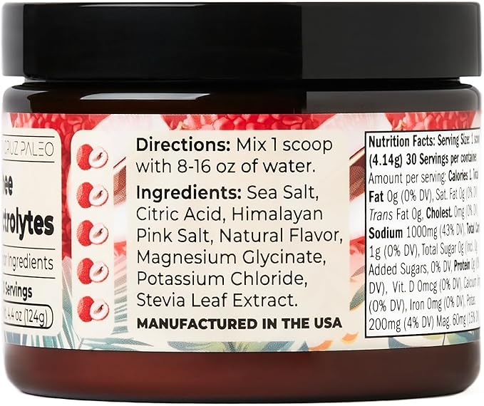 Santa Cruz Paleo Electrolyte Powder Lychee with Himalayan & Sea Salt, Magnesium, Potassium, Sugar-Free, 30 Servings