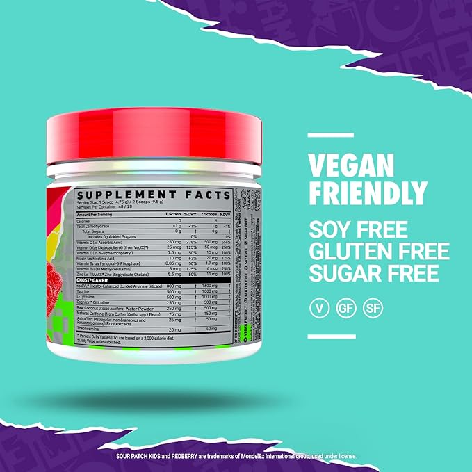 GHOST Gamer: Energy and Focus Support Formula - 40 Servings, Sour Patch Kids Redberry - Nootropics & Natural Caffeine for Attention, Accuracy & Reaction Time - Vegan, Gluten-Free
