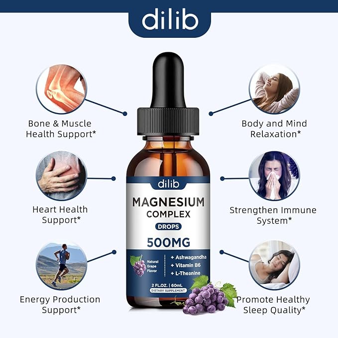 Magnesium Glycinate Liquid Drops, Magnesium Glycinate Supplement 500mg with Citrate, Malate, Ashwagandha, L-Theanine, Vitamin B6 for Sleep, Stress Relief, Bone, Muscle, Mood, Grape Flavor 2 Fl Oz