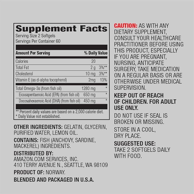 Amazon Elements Super Omega-3 with Natural Lemon Flavor (120 Count) and Vitamin D3 (180 Softgels)