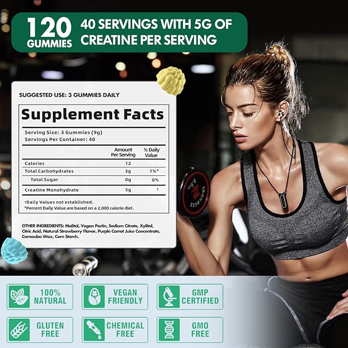 Creatine Monohydrate Gummies or Men & Women, Creatine Monohydrate for Muscle Strength, Muscle Builder, Energy Boost, Pre-Workout Supplement(120 Count)-Blueberry Pineapple Flavor.