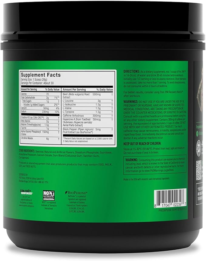 JYM Supplement Science Pre JYM Pineapple Strawberry Pre Workout Powder for Men & Women, BCAAs, Nootropics, Creatine HCI, Citrulline, Beta-Alanine, Betaine, Taurine, Huperzine, 30 Servings