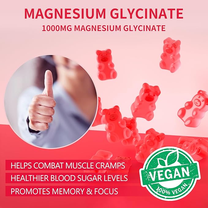 180 CT Magnesium Glycinate Gummies 1000mg - Sugar Free Magnesium Potassium Supplement with Vitamin D, B6, CoQ10 for Calm Mood & Sleep Support - 180 Raspberry Gummies