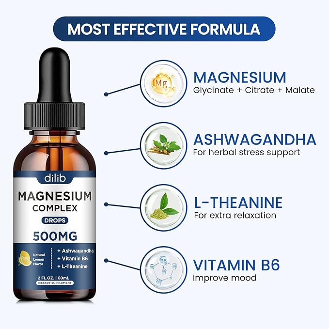 Magnesium Glycinate Liquid Drops, Triple Magnesium Complex Supplement with Citrate, Malate 500mg Ashwagandha, L-Theanine, Vitamin B6 for Sleep, Calm, Stress Relief, Bone, Muscle, Mood - Lemon Flavor