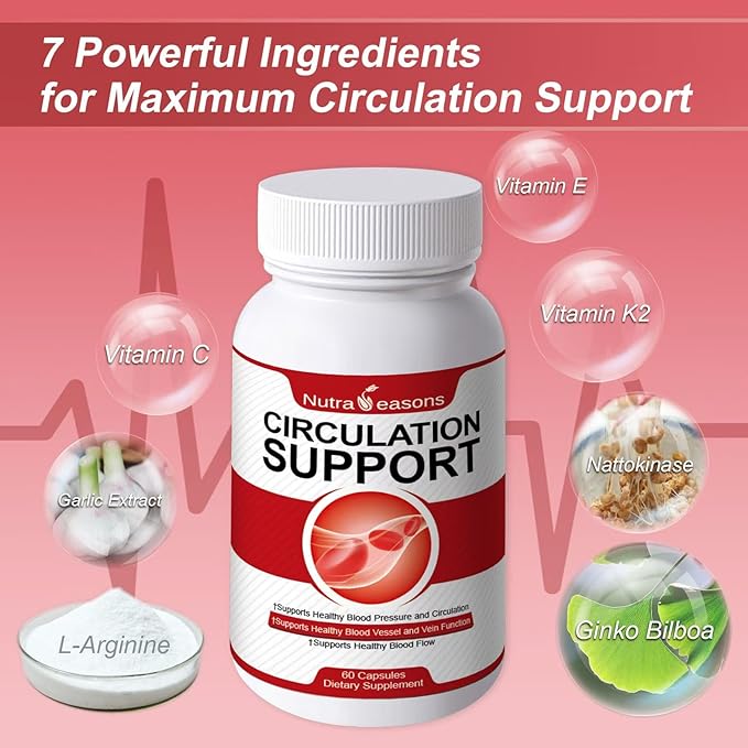 Circulation Support, 7-in-1 Blood Pressure Support w/VIT C, E, K2, Ginko Bilboa, Garlic, L-Arginine, Nattokinase, Energy, Heart Health, Muscle Growth, Healthy Veins & Vessels, 60 Count