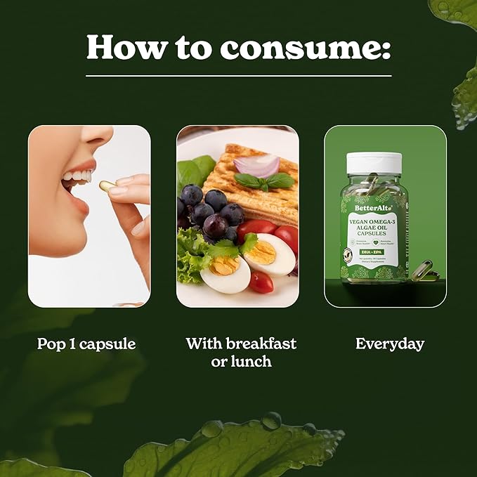 Vegan Omega-3 Softgel Capsules | Algae Oil (1000 mg) | 501 mg DHA | 6 mg EPA | Helps Promote Brain Health | 1-Month Dietary Supplement